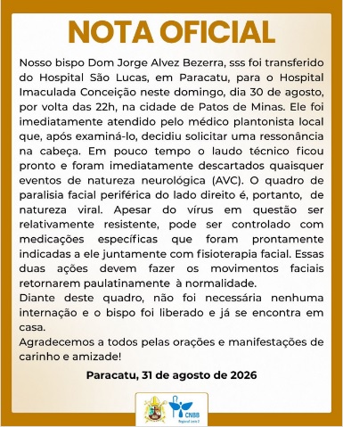 Bispo Dom Jorge Alves Bezerra recebe alta após atendimento por paralisia facial