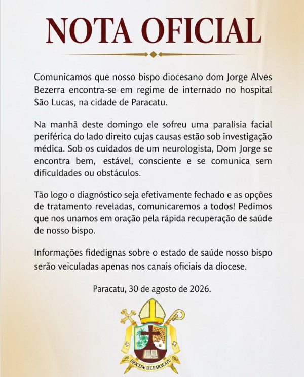 Dom Jorge Alves Bezerra é internado após sofrer paralisia facial