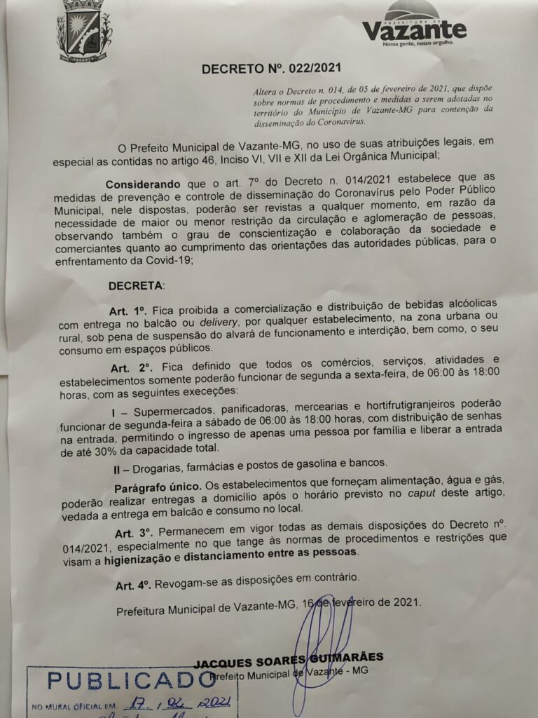 Decreto proíbe venda de bebida alcoólica em Vazante